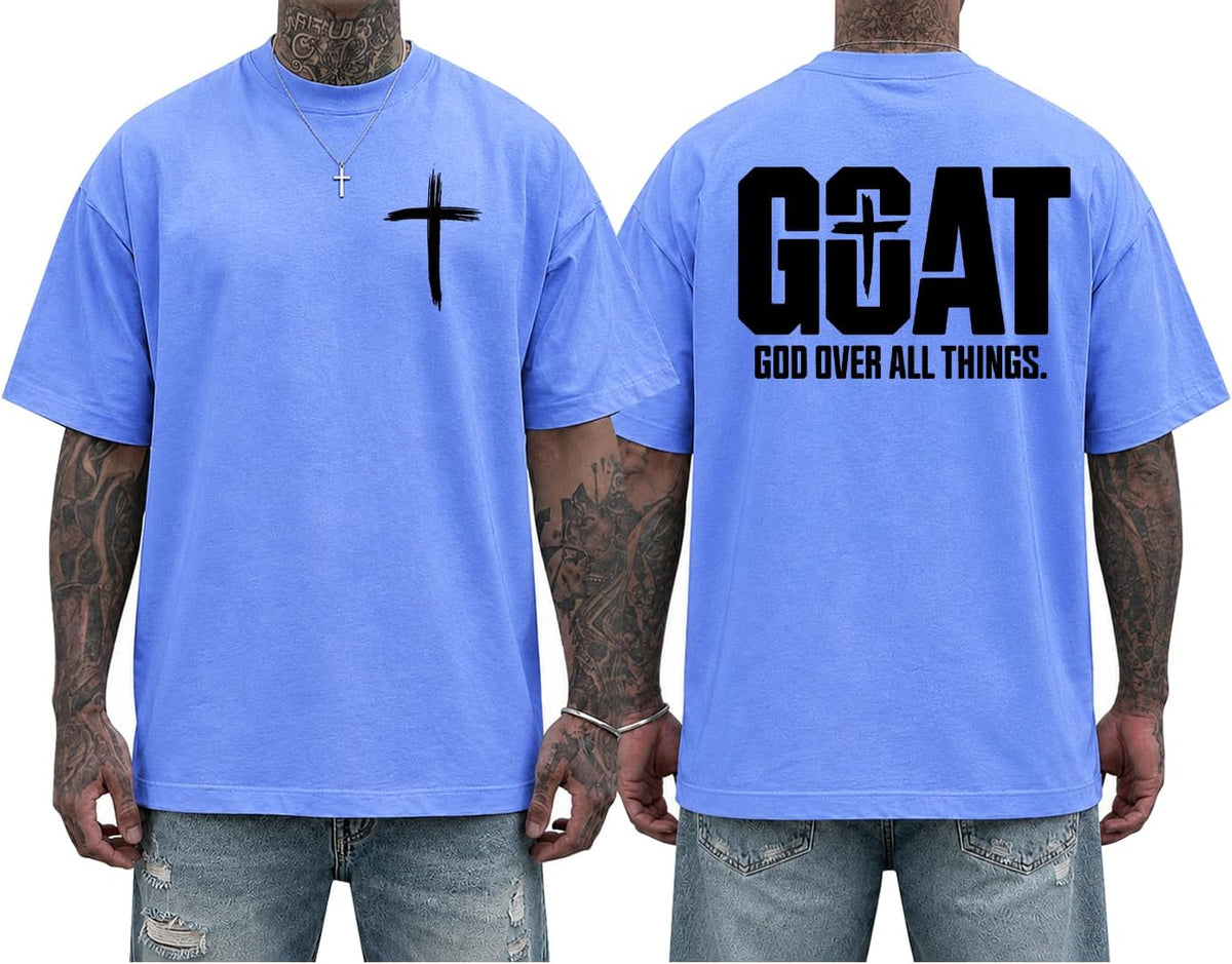 Christian Shirts for Men Goat God Over All Things T-Shirt - Crewneck Carolina Blue
