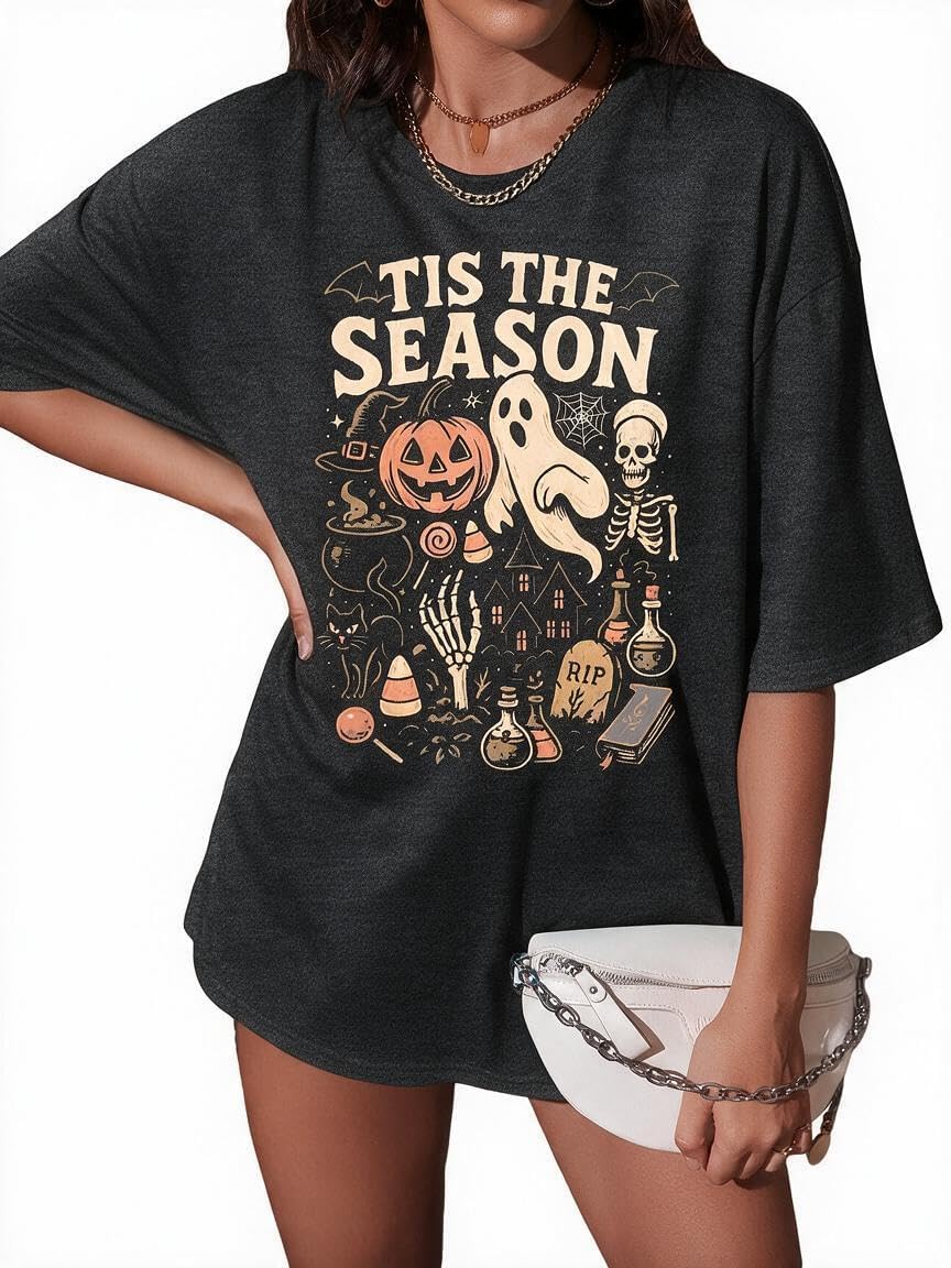Oversized Halloween Shirts for Women Spooky Season Ghost Graphic T-Shirt - Darkgrey