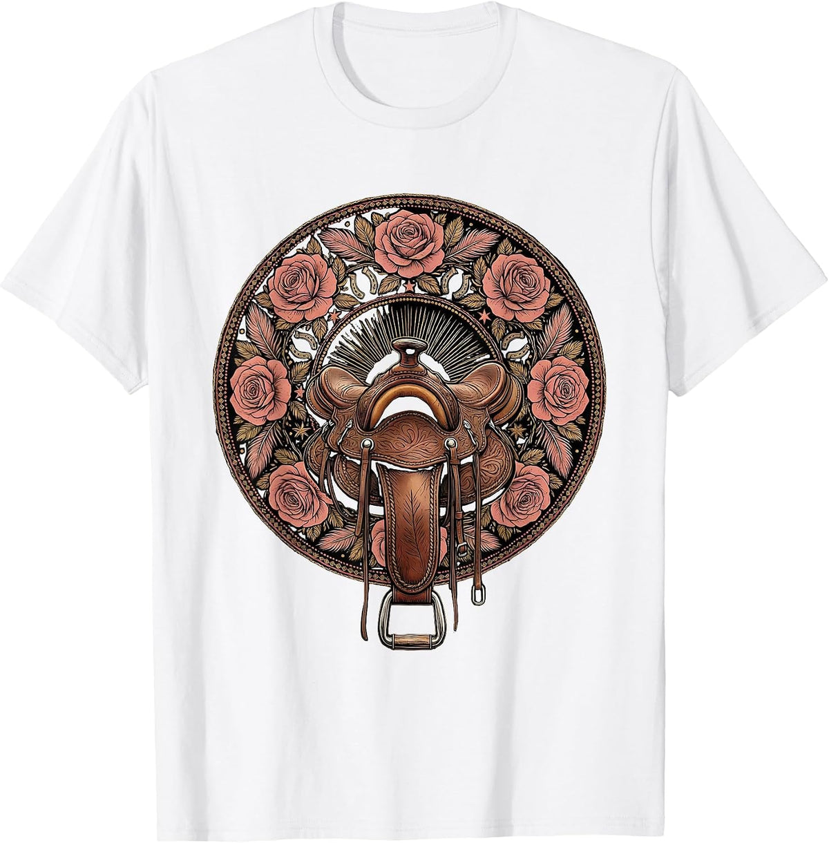 Men's Western Saddle with Roses Rodeo Graphic T-Shirt - White