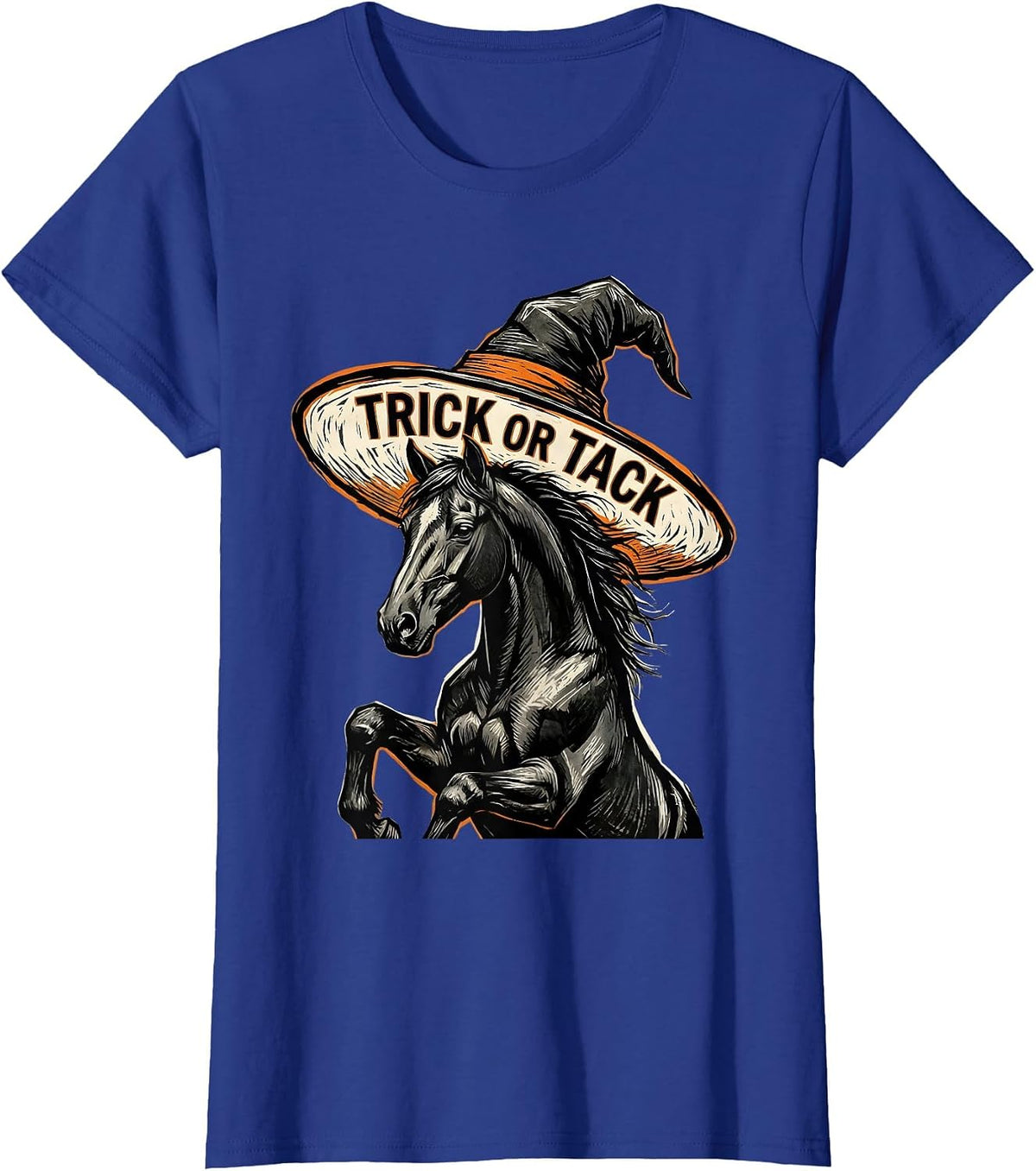 Women's Trick or Tack Linocut Whimsical Halloween Horse Lover Gift T-Shirt - Royal Blue