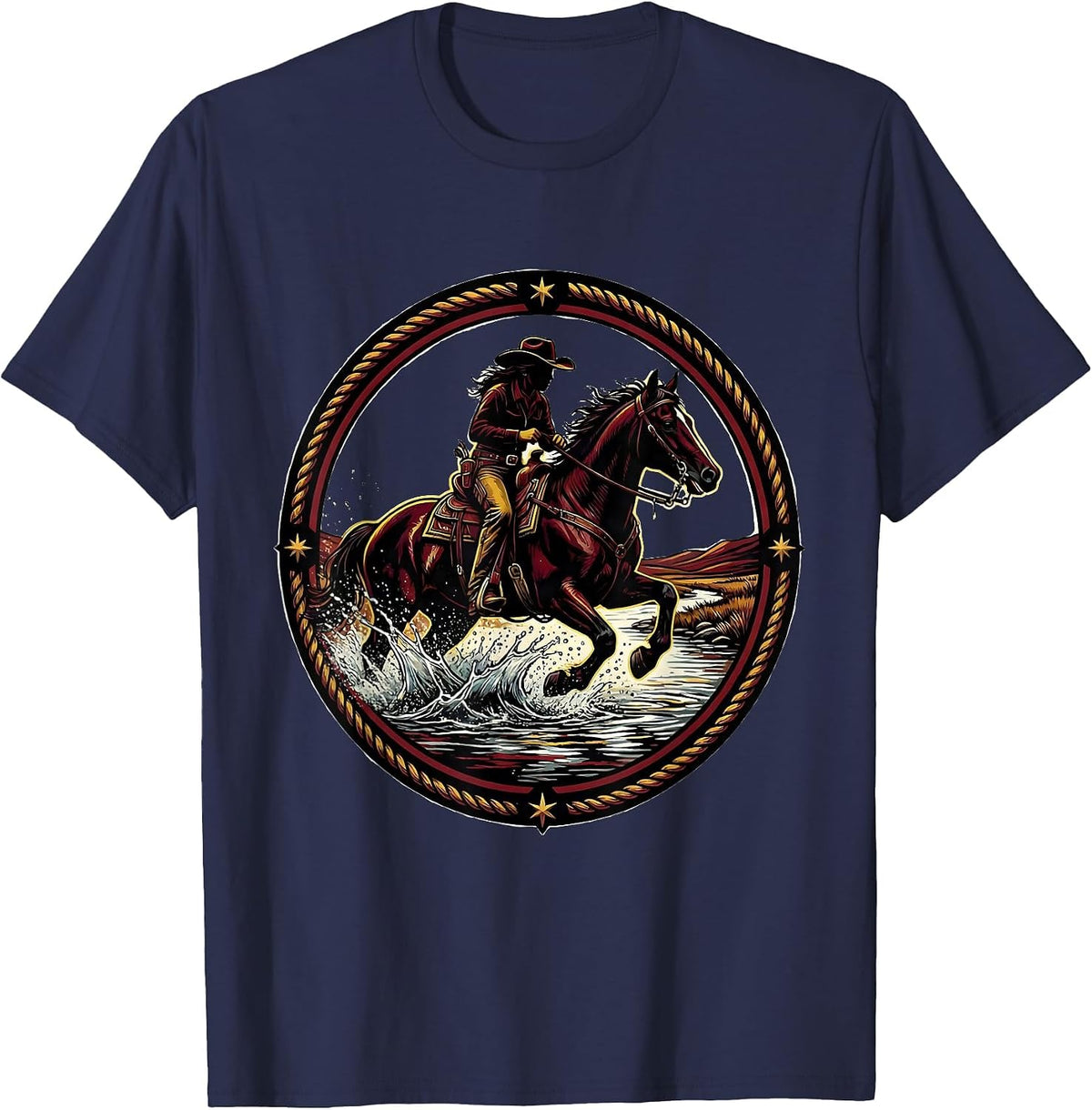 Men's Cowgirl Riding Horse Through River Crossing T-Shirt - Navy Blue