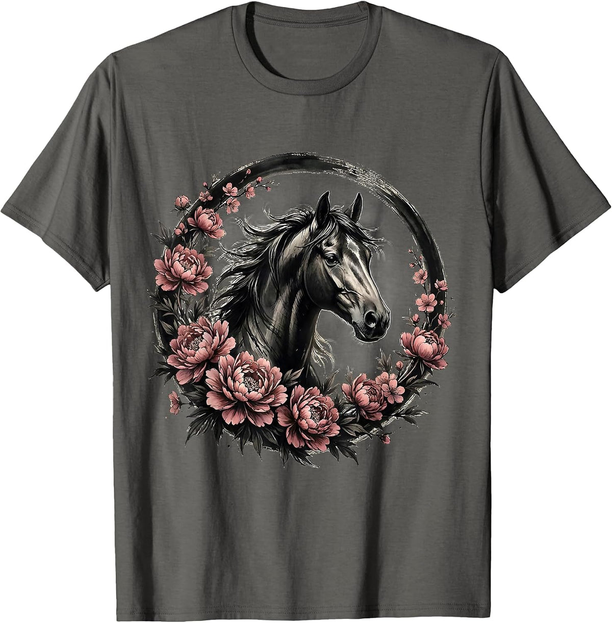 Floral Wreath Horse Portrait Graphic Design T-Shirt - Asphalt Grey