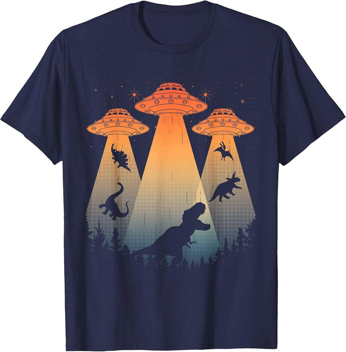 Cool Dinosaur Art for Men Women UFO Alien Abduction Dinosaur T-Shirt - Navy Blue