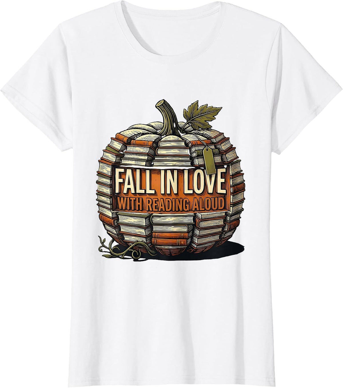 Fall In Love With Reading Aloud Linocut Pumpkin Teacher T-Shirt - White