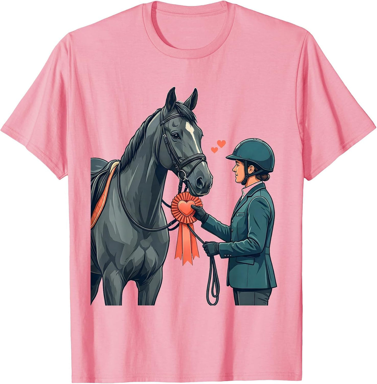 Men's Heart Horse Rosette Flat Vector Equestrian Valentines Day T-Shirt - Pink
