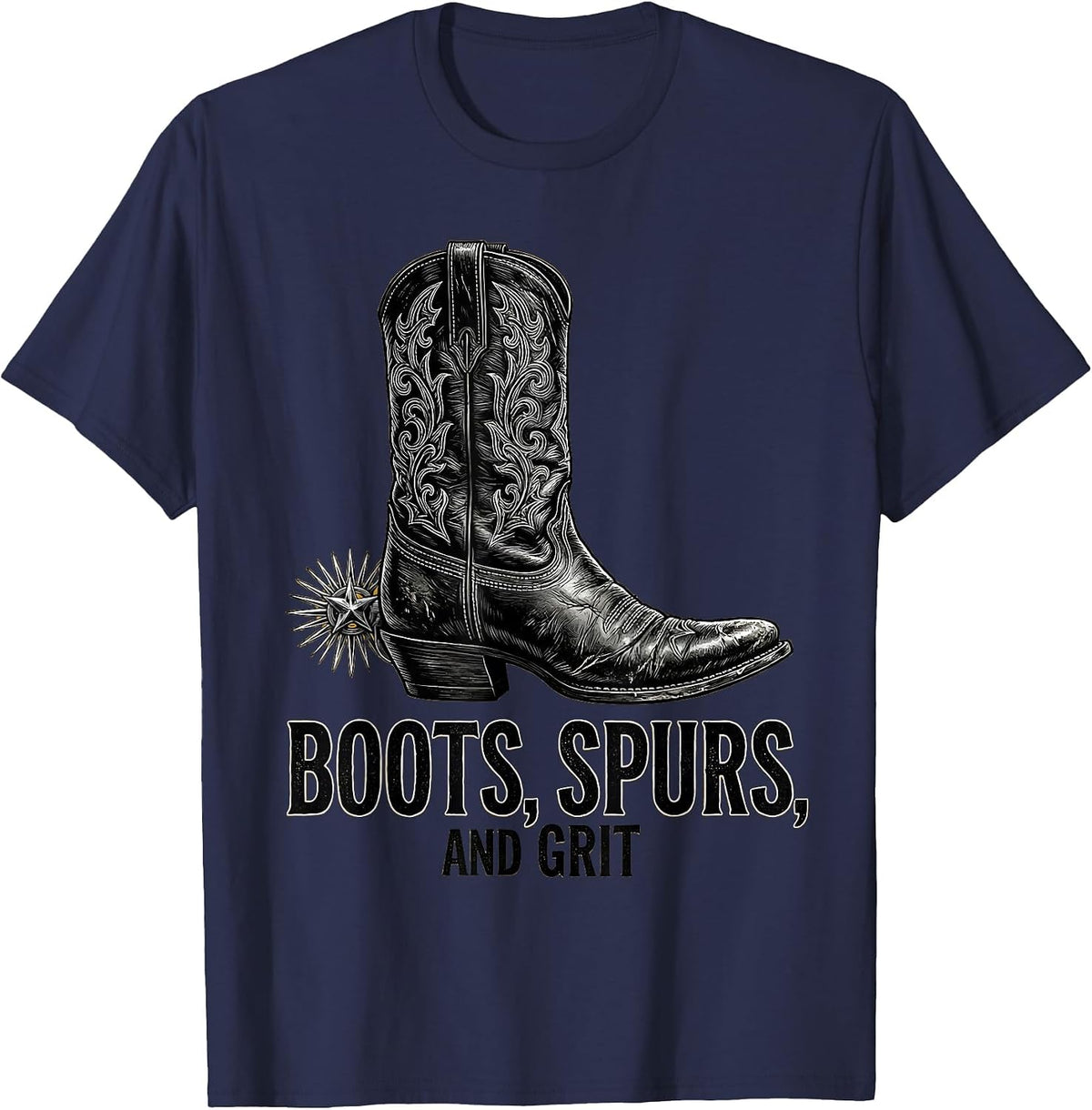 Boots Spurs and Grit Western Cowboy Design T-Shirt - Navy Blue