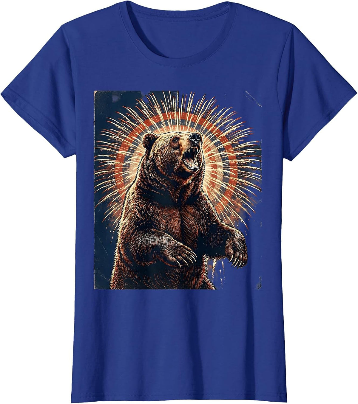 Women's Red White Blue Roaring Bear Firework Burst T-Shirt - Royal Blue