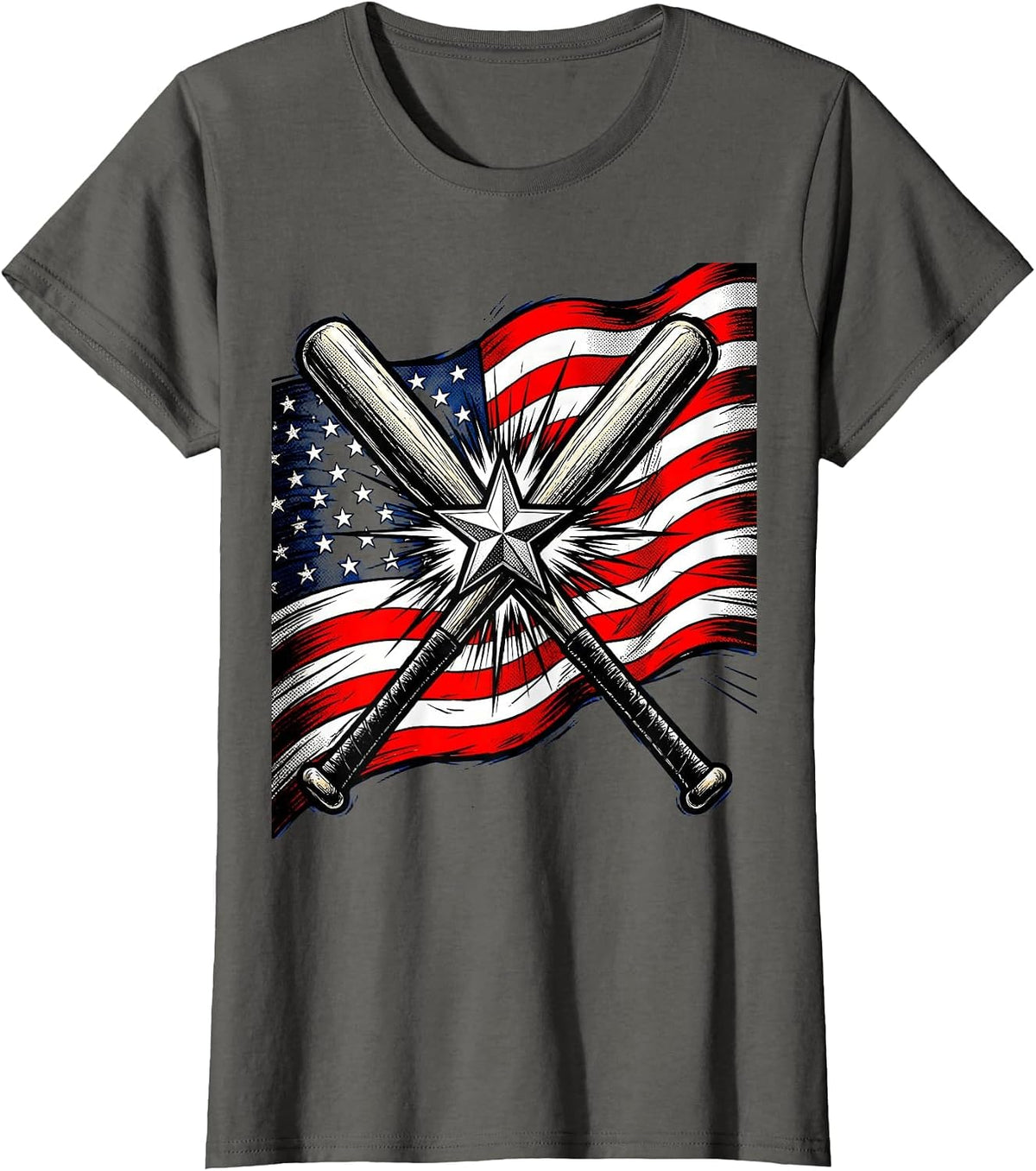 Women's Boys Red White and Blue Crossed Baseball Bats T-Shirt - Asphalt Grey