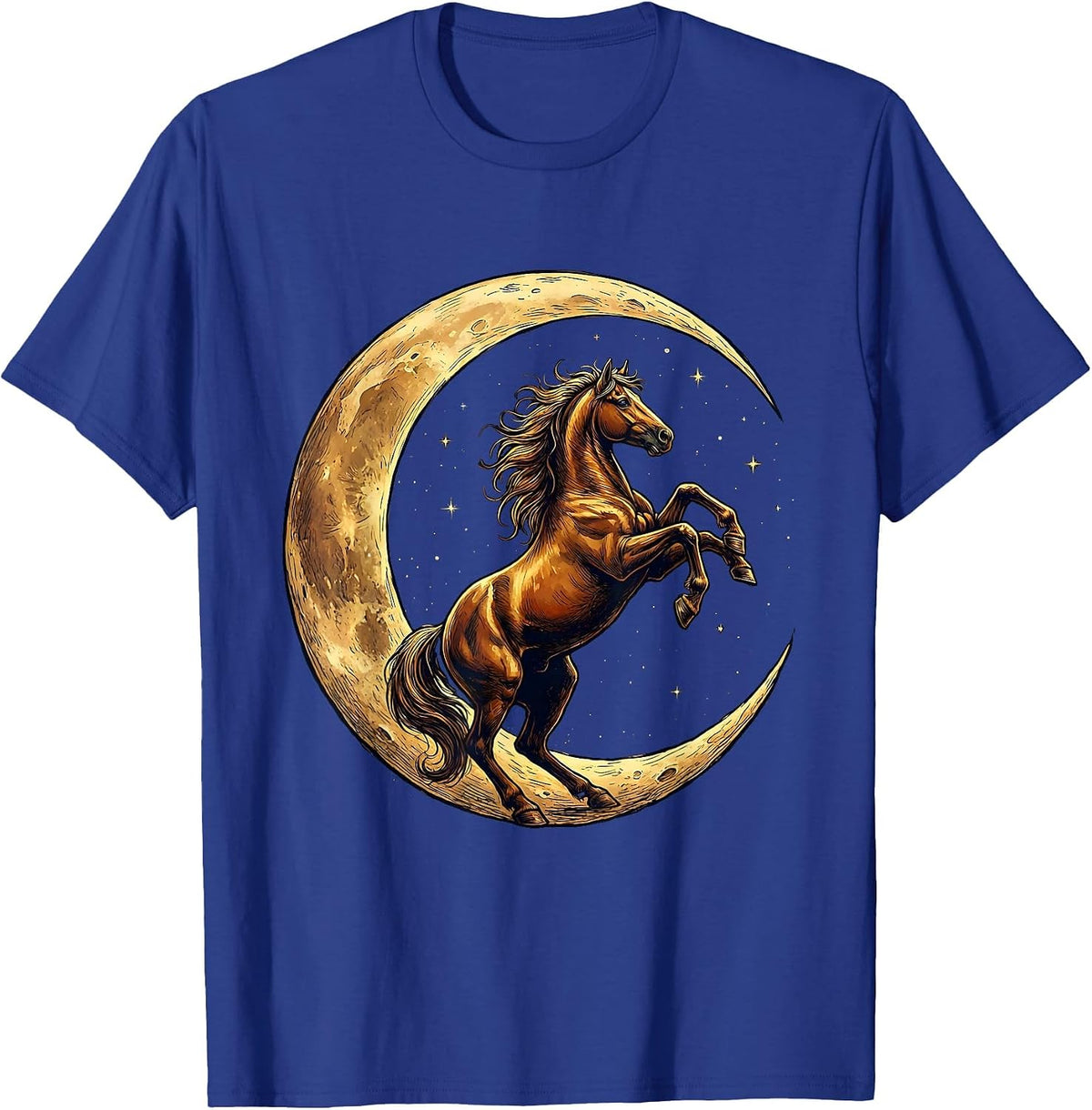 Rearing Horse Crescent Moon Celestial Art Design T-Shirt - Royal Blue