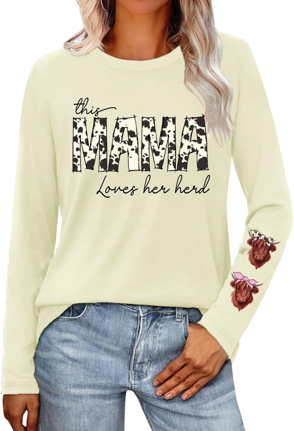 Women's Mama Shirt Mom Long Sleeves Tee Tops - Cream