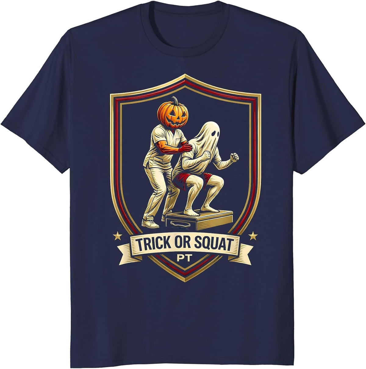 Men's Trick Or Squat PT Halloween Physical Therapy Therapist Humor T-Shirt - Navy Blue