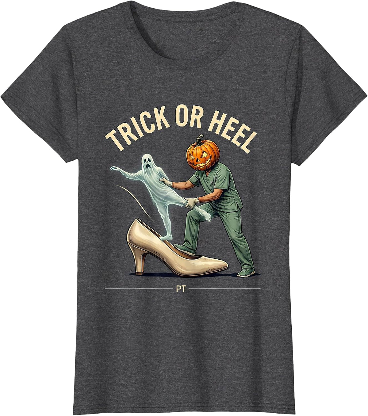 Women's Trick Or Heel PT Physical Therapy Halloween Ghost Therapist T-Shirt - Dark Heather Grey