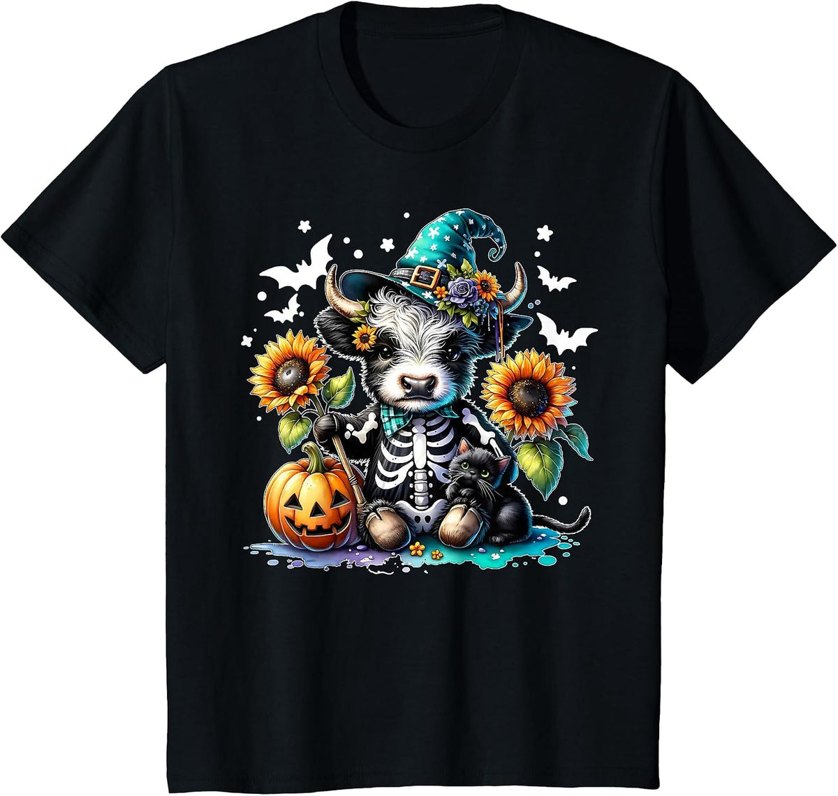Highland Cow Witch Skeleton Halloween Sunflower Pumpkin Fall T-Shirt - Black
