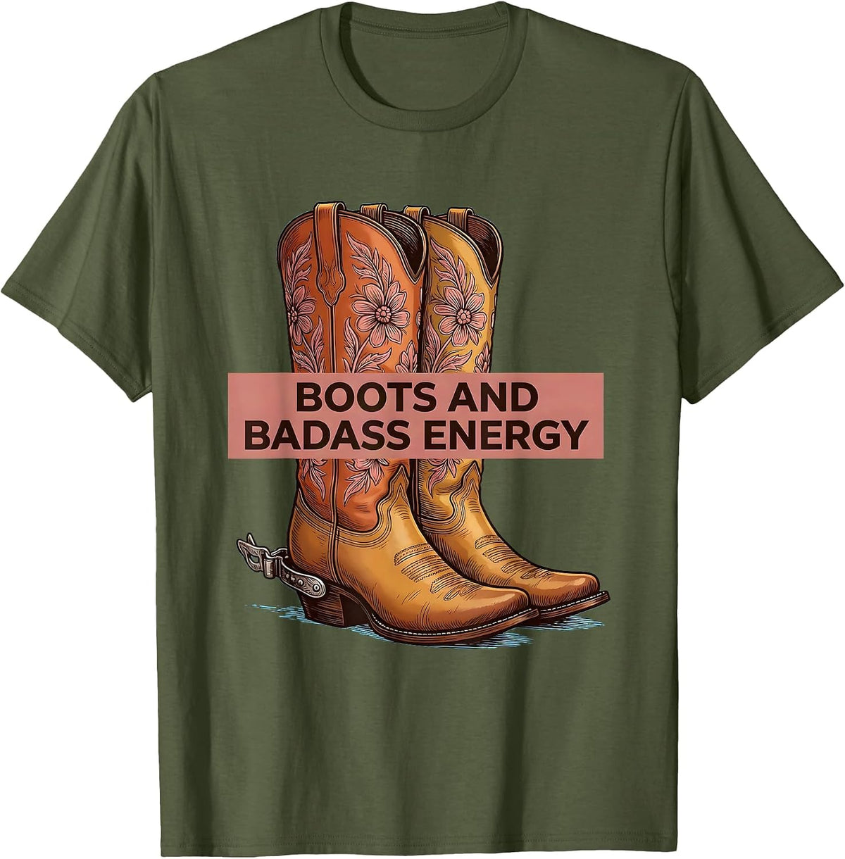 Boots and Badass Energy Western Design T-Shirt - Olive Green