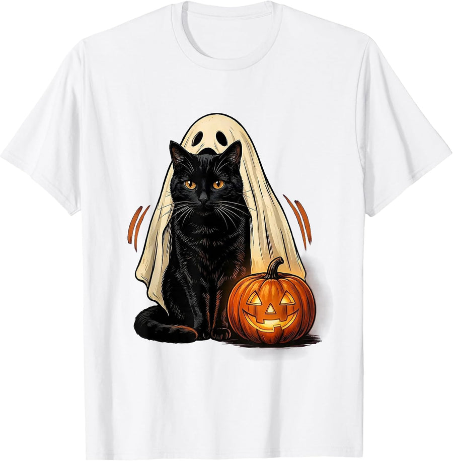Men's Black Cat Ghost Sheet Vintage Gothic Halloween Spooky Season T-Shirt - White