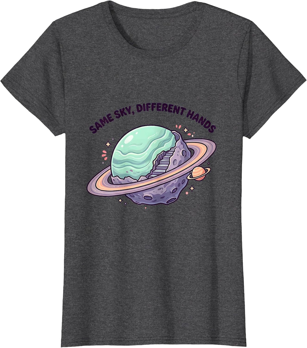 Women's Same Sky Different Hands Cute Kawaii Neurodiverse Universe T-Shirt - Dark Heather Grey