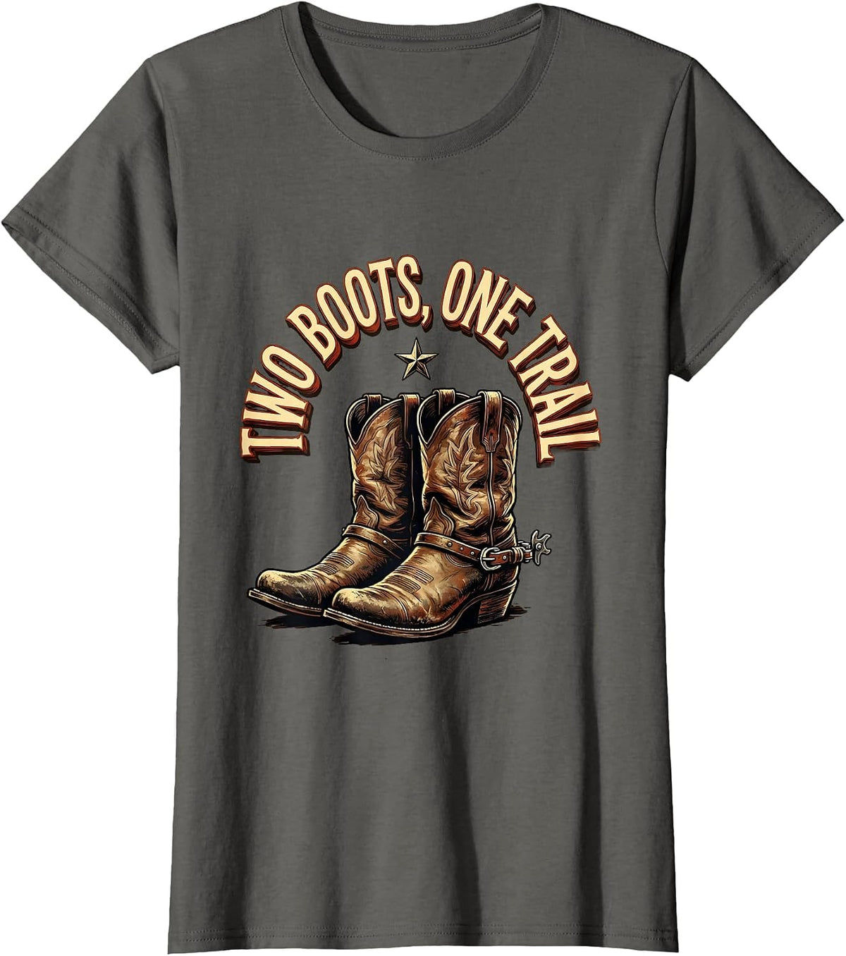 Women's Two Boots One Trail Cowboy Western Design T-Shirt - Asphalt Grey