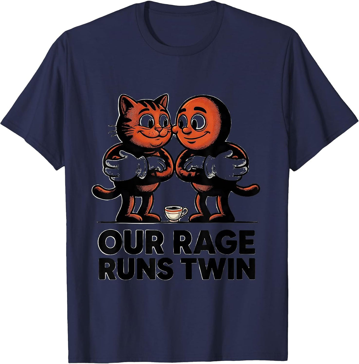 Our Rage Runs Twin Retro Cartoon Cat Meme Funny T-Shirt - Navy Blue
