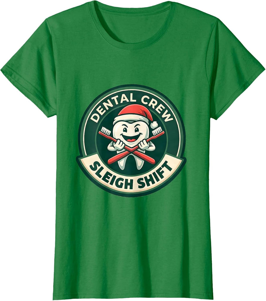 Women's Dental Crew Sleigh Shift Funny Dentist Santa Hat Dental Team T-Shirt - Kelly Green