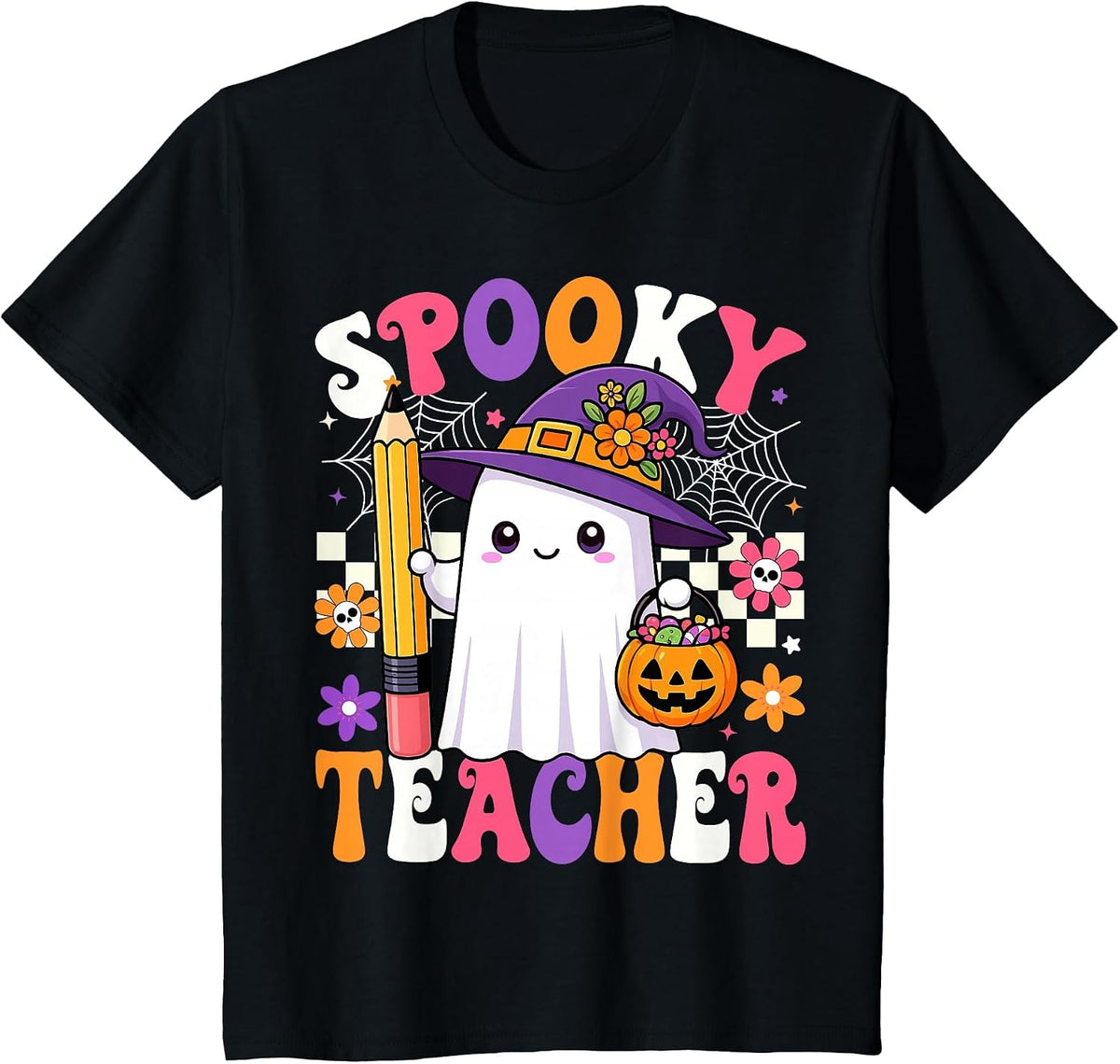 Spooky Teacher Ghost Pencil Teach Funny Halloween Teacher T-Shirt - Black