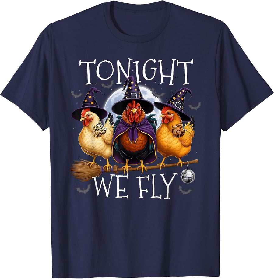 Funny Tonight We Fly Chicken Spooky Season Halloween Farm T-Shirt - Navy Blue