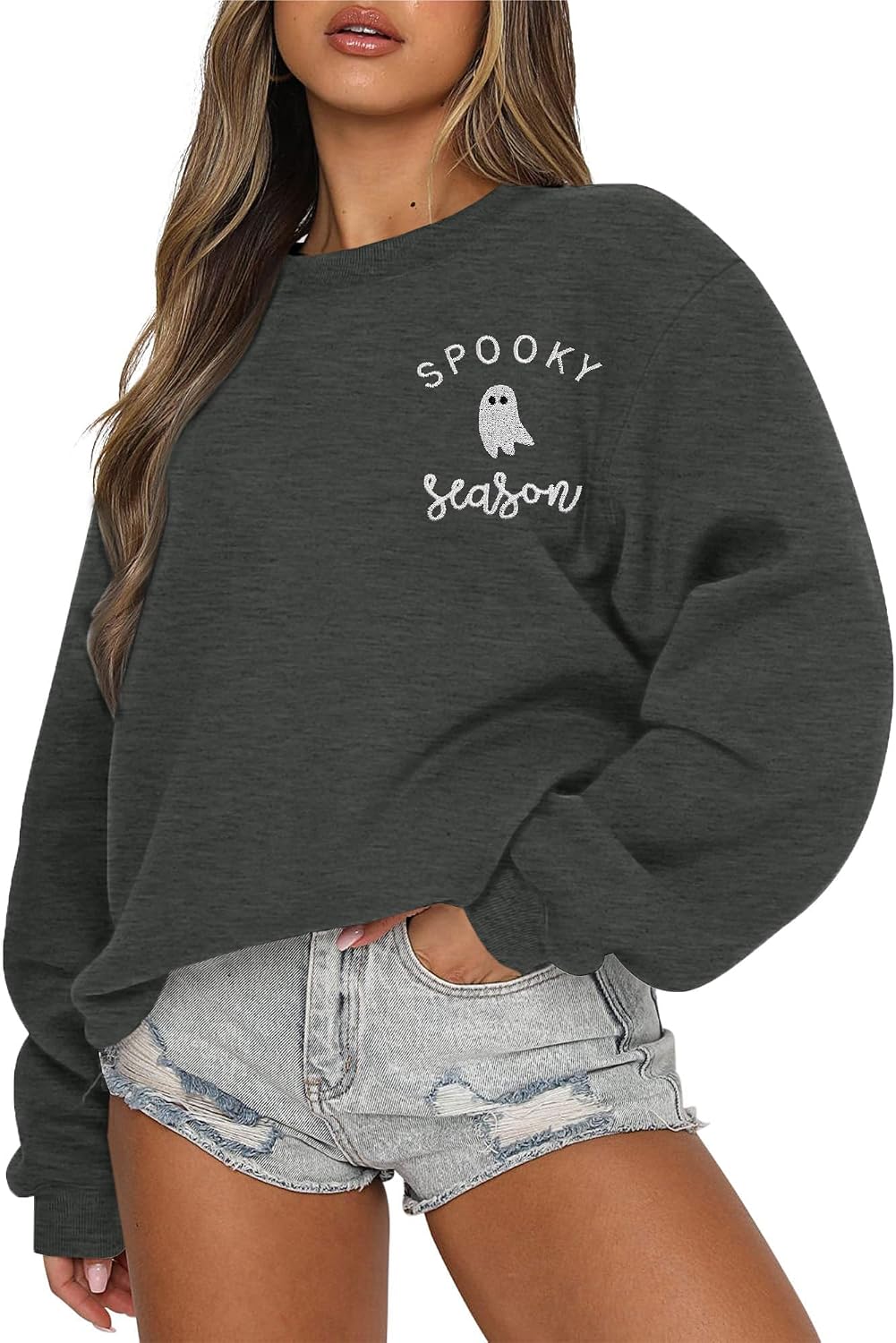 Women's Halloween Sweatshirt, Spooky Season Graphic Crewneck Top - Dark Grey