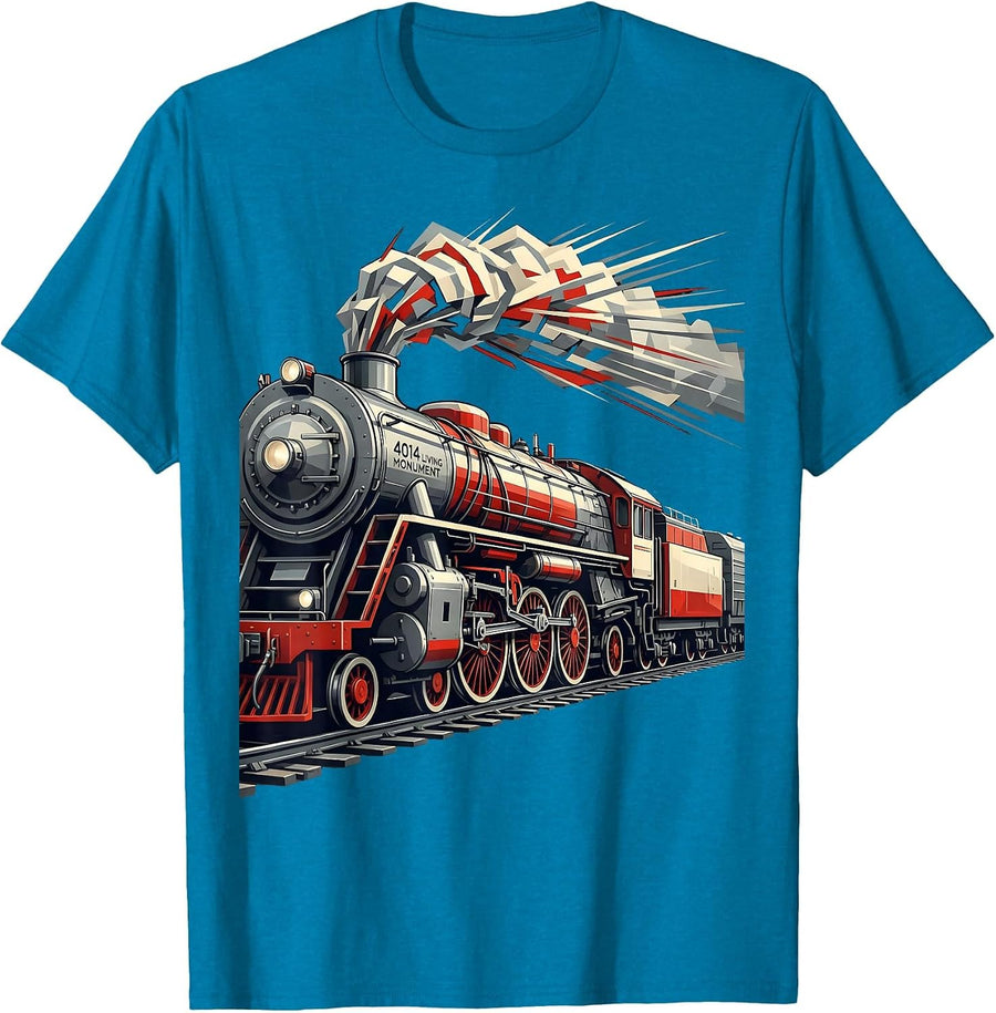 4014 Living Monument Futurist Steam Locomotive Railroad T-Shirt - Sapphire Blue