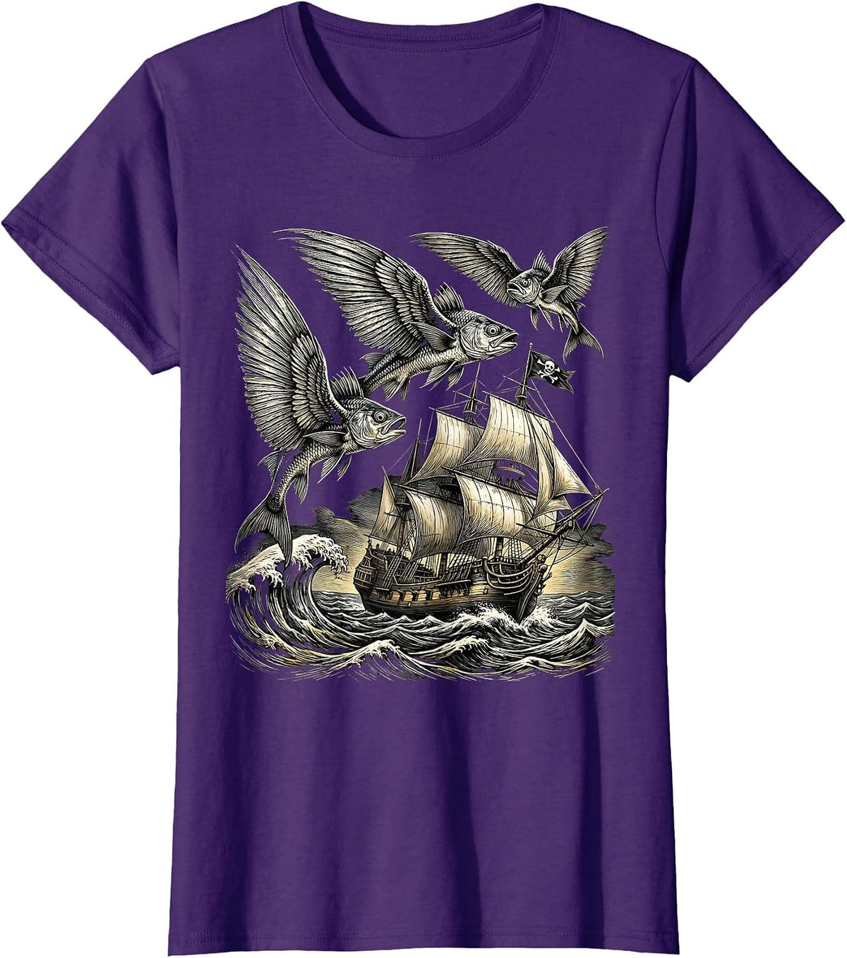 Women's Flying Fish Leaping Over Pirate Ship Graphic T-Shirt - Purple