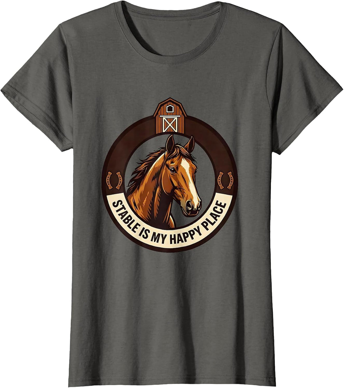 Women's Stable Is My Happy Place Horse Lover Design T-Shirt - Asphalt Grey