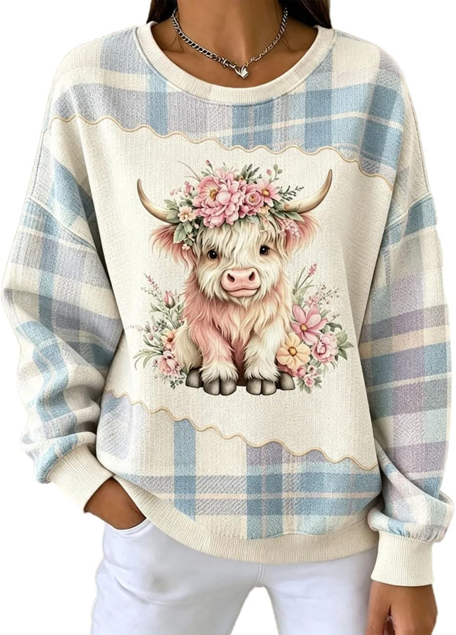Women's Vintage Highland Cow Patchwork Color Plaid Floral Printed Sweatshirt - Light Blue