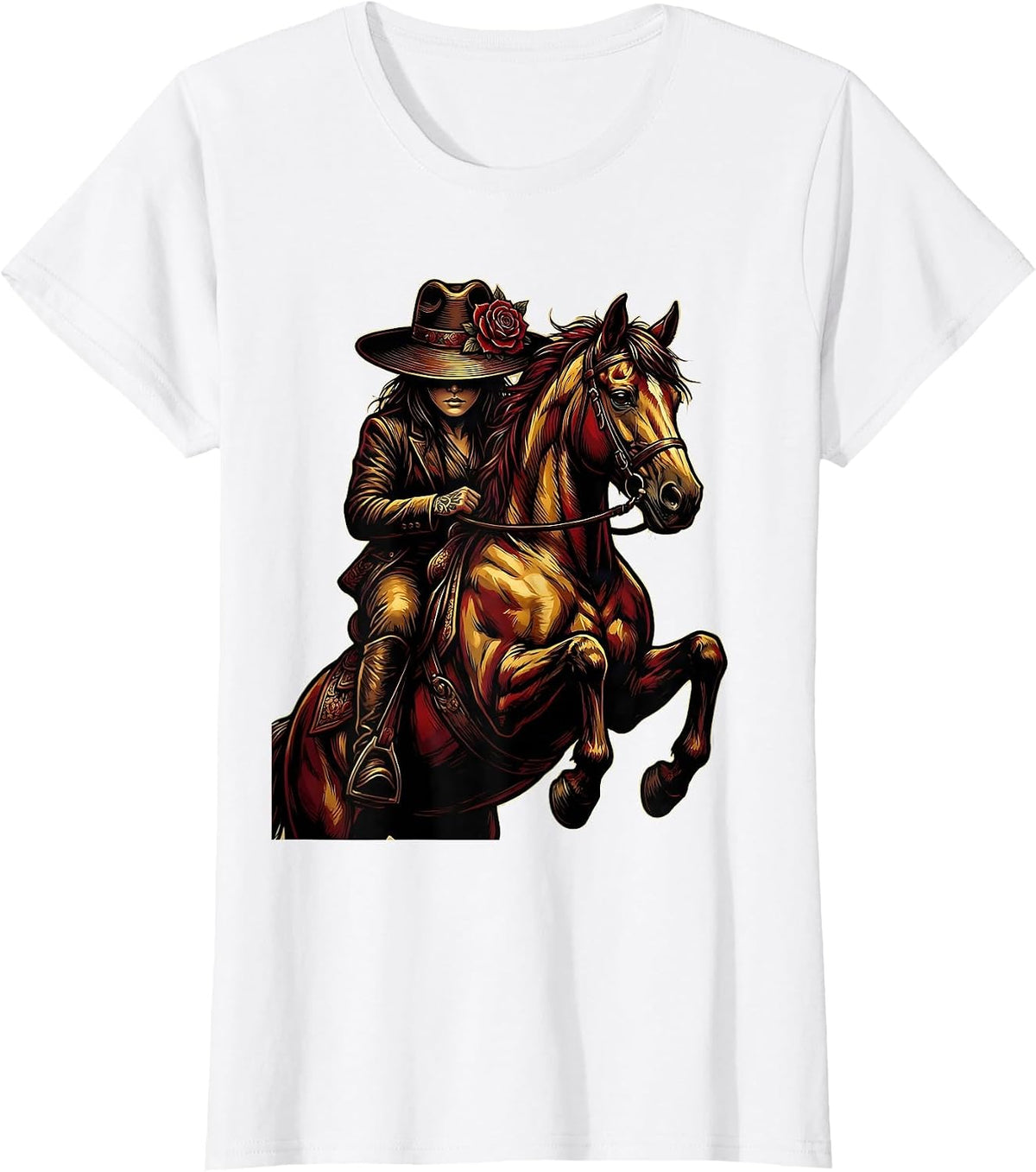 Cowgirl Horseback Rider Wide Brim Hat Western Art T-Shirt - White