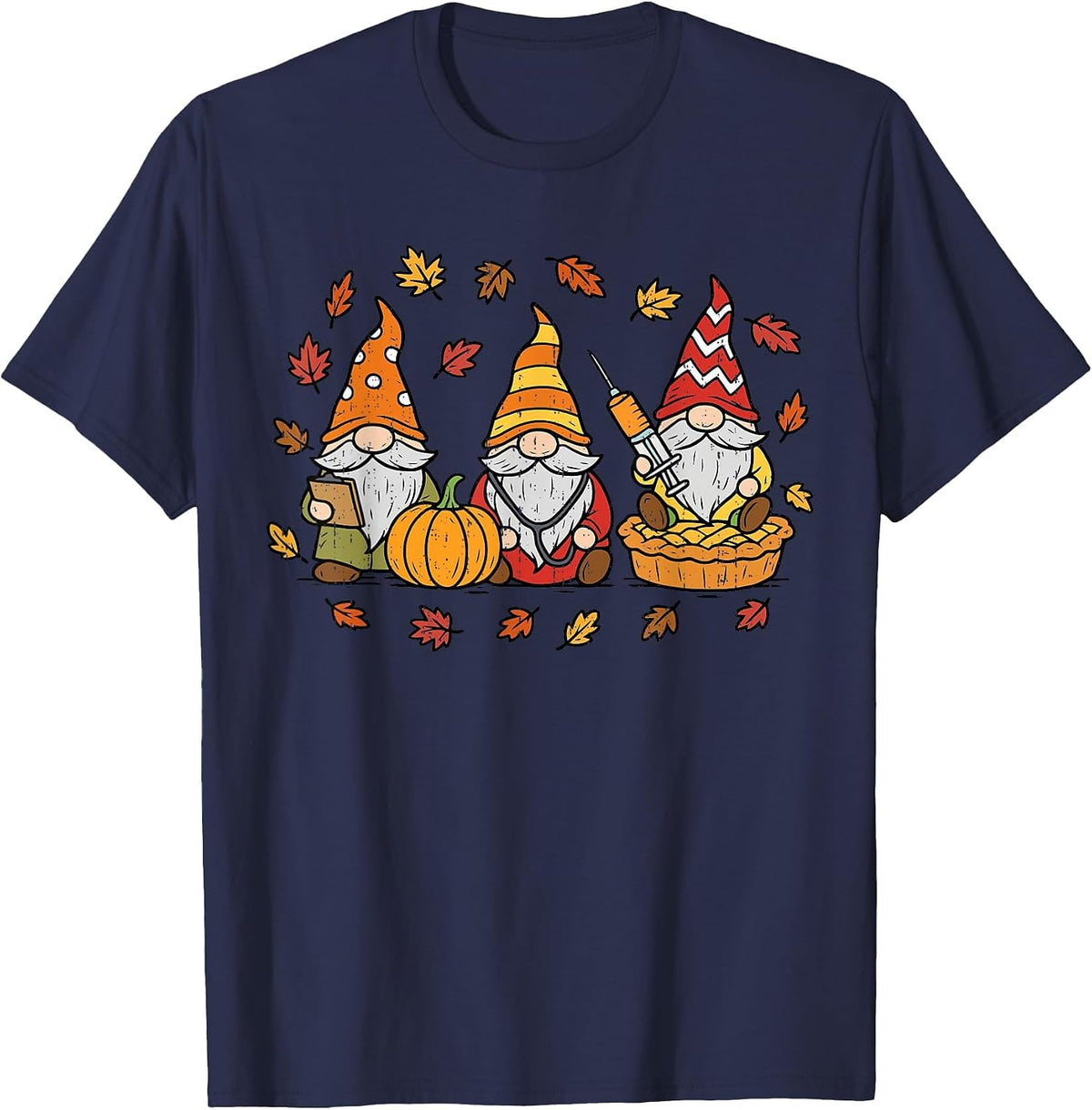 Funny Nurse Gnomes Thanksgiving Fall Scrub Top RN ICU ER T-Shirt - Navy Blue
