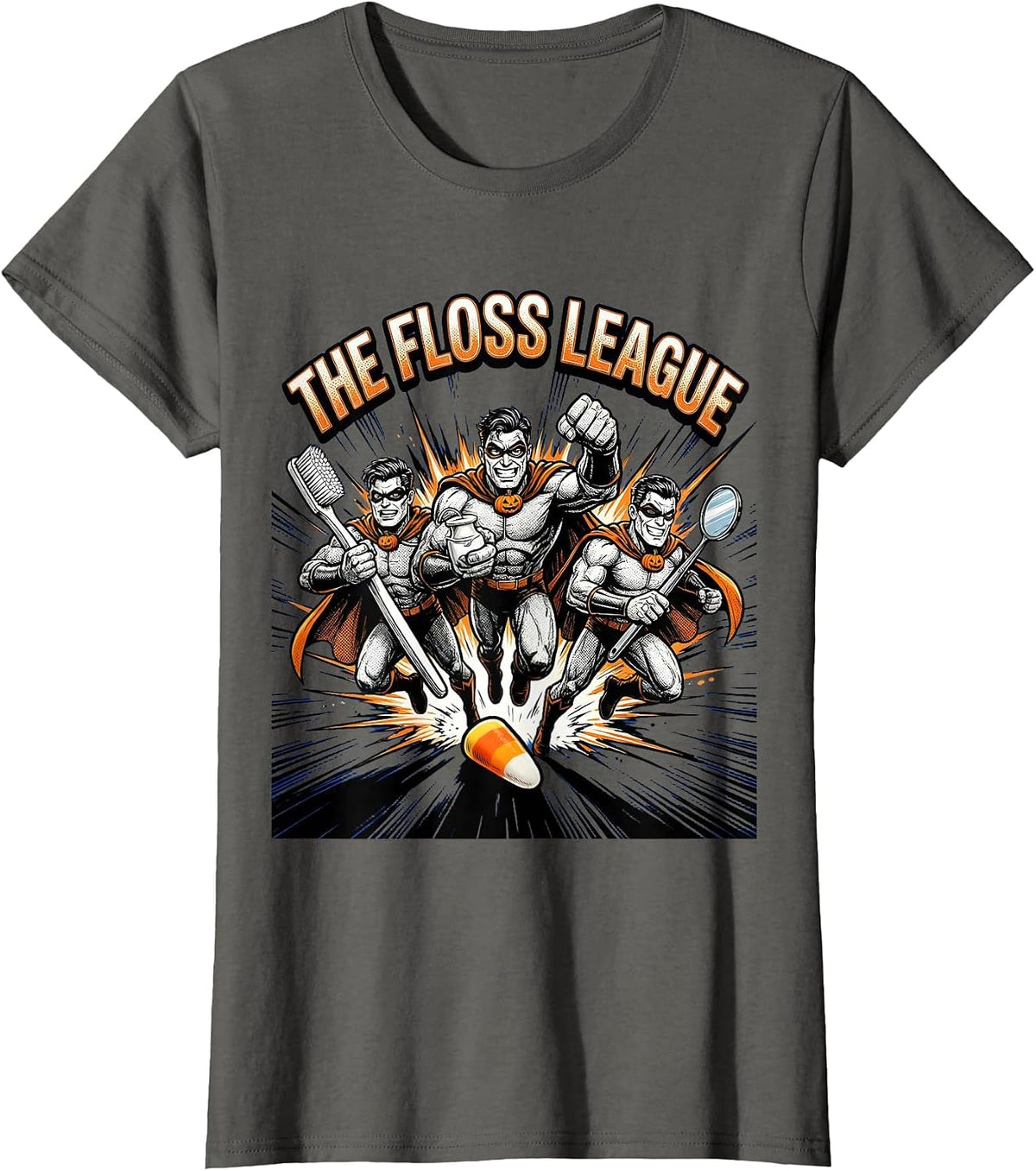 Women's The Floss League Comic Dental Humor Halloween Dentist T-Shirt - Asphalt Grey