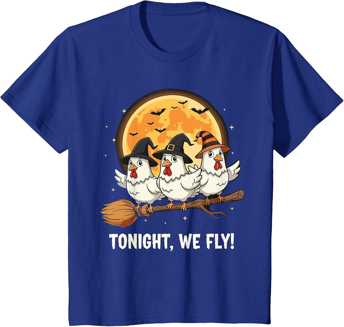 Funny Halloween Chicken Witches Broomstick Spooky Hens Moon T-Shirt - Royal Blue