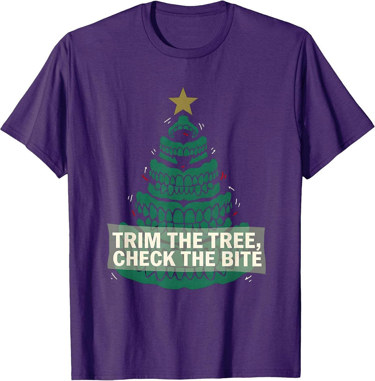 Trim The Tree Check The Bite Funny Dentist Christmas Dental T-Shirt - Purple