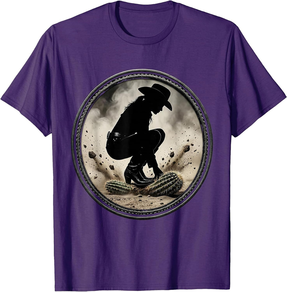 Cowgirl Boot Crushing Cactus Western Rodeo Graphic T-Shirt - Purple