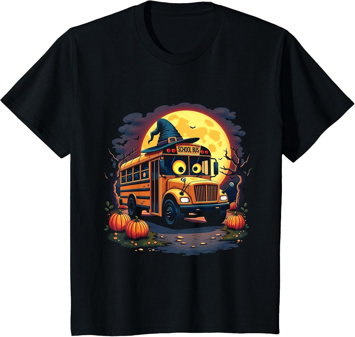 Halloween School Bus with Witch Hat and Pumpkins Spooky T-Shirt - Black