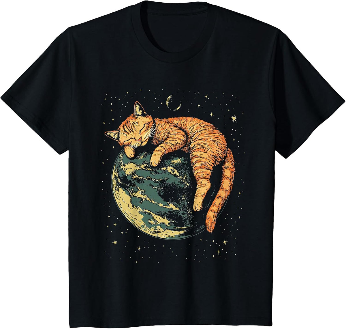 Lazy Orange Cat in Space T-Shirt - Black