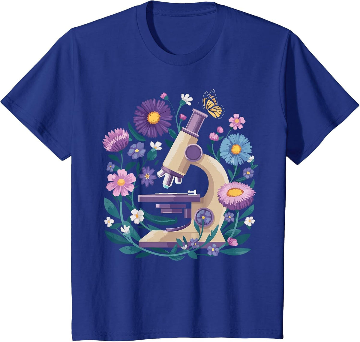 Microscope Flower Butterfly Biology Science Teacher Student T-Shirt - Royal Blue