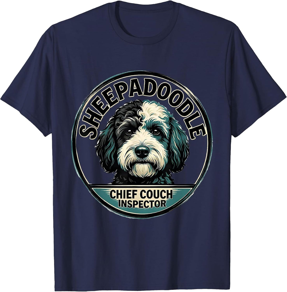 Sheepadoodle Chief Couch Inspector Funny Doodle Dog Owner T-Shirt - Navy Blue