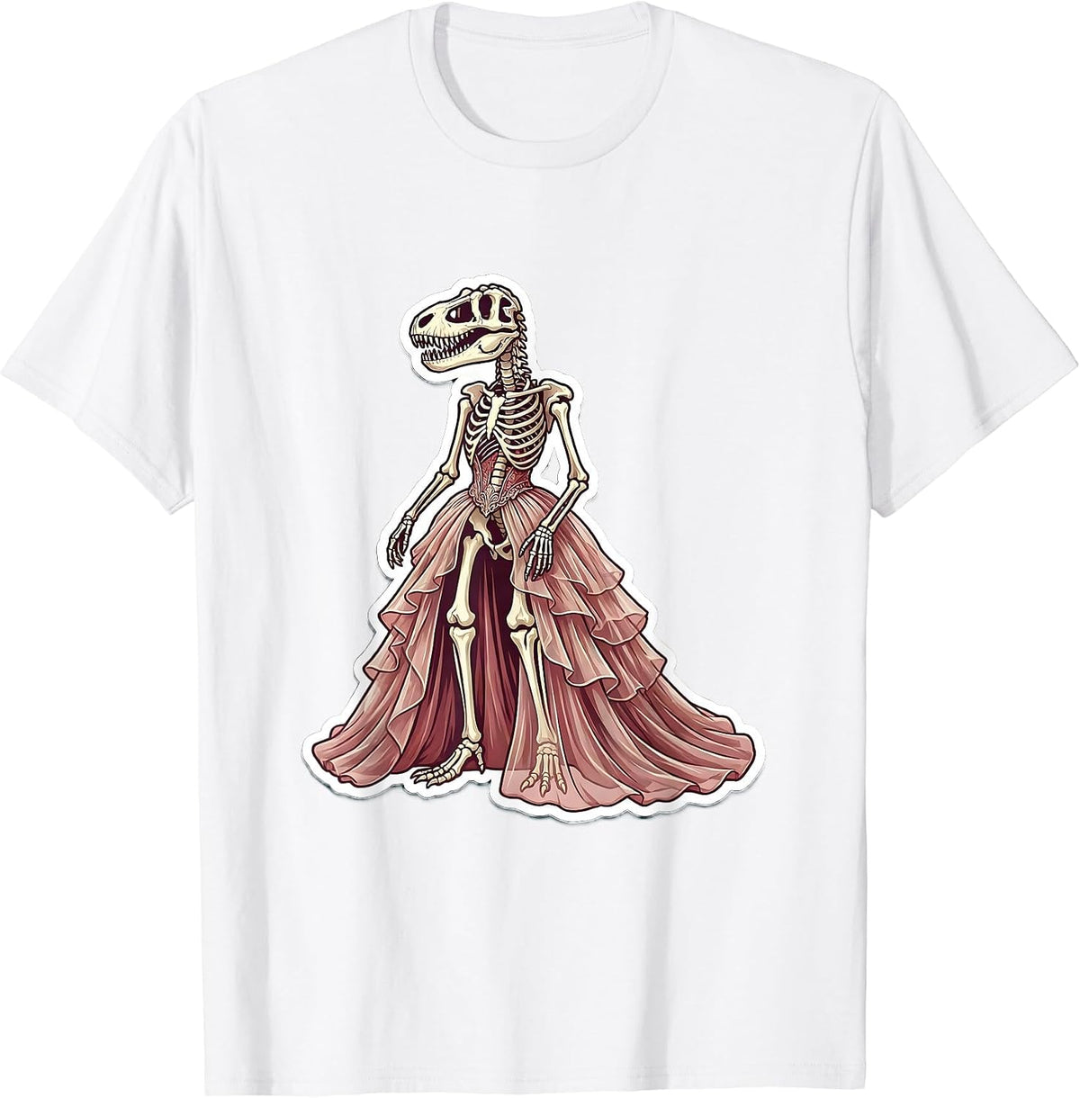Men's Dinosaur Skeleton in Flowing Gown Graphic T-Shirt - White