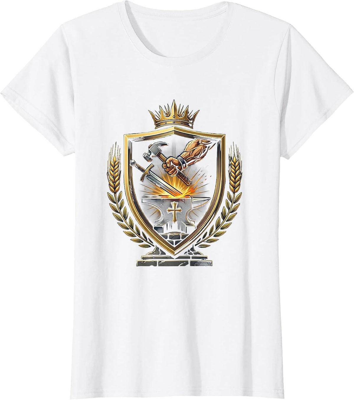 Women's Christian Blacksmith Hand Forging Sword at Anvil T-Shirt - White