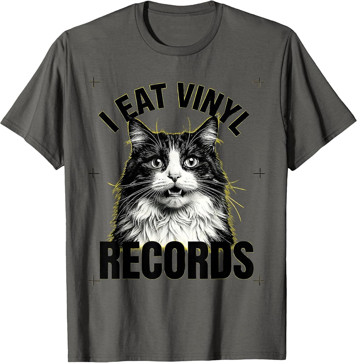 I Eat Vinyl Records Funny Cat Meme Bootleg Graphic T-Shirt - Asphalt Grey