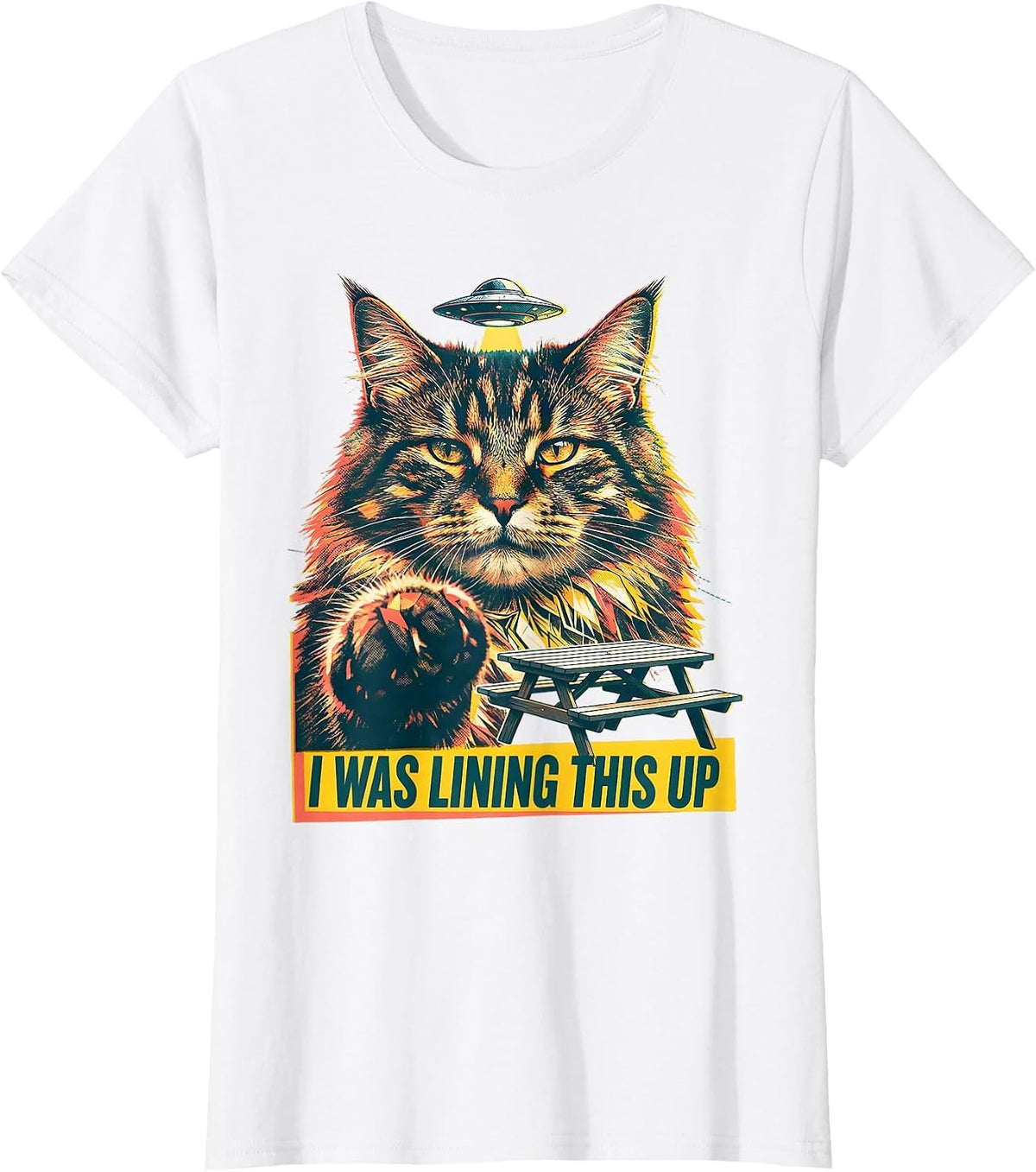 I Was Lining This Up Risograph Funny Cat UFO Meme Novelty T-Shirt - White