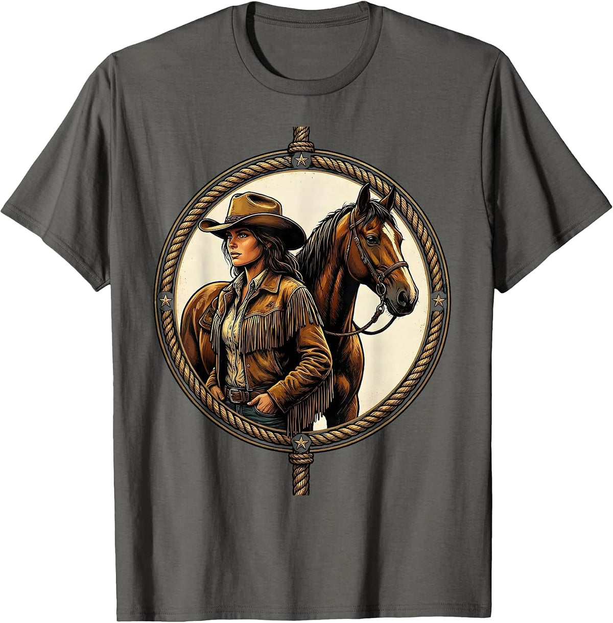 Cowboy Woman and Horse Back-To-Back Graphic T-Shirt - Asphalt Grey