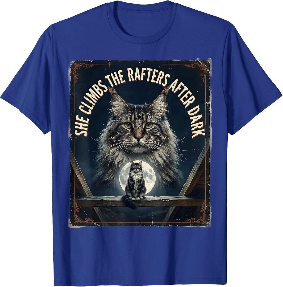 She Climbs The Rafters After Dark Vintage Norwegian Forest T-Shirt - Royal Blue