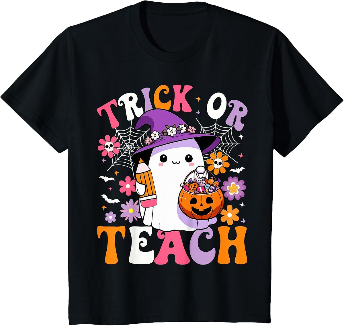 Trick Or Teach Teacher Groovy Ghost Funny Halloween Teacher T-Shirt - Black