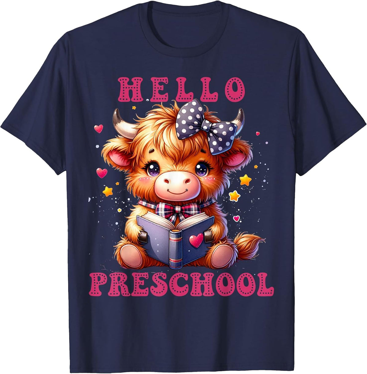 Hello Preschool Cute Highland Cow Lover Back to School T-Shirt - Navy Blue