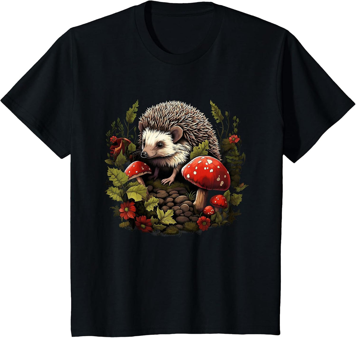Hedgehog Landscape Animal Art Forest Wildlife Floral Artwork T-Shirt - Black