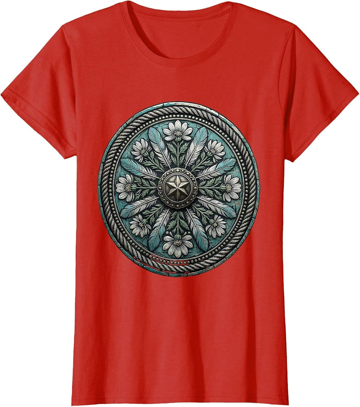 Turquoise Silver Belt Buckle Country Music Art T-Shirt - Red